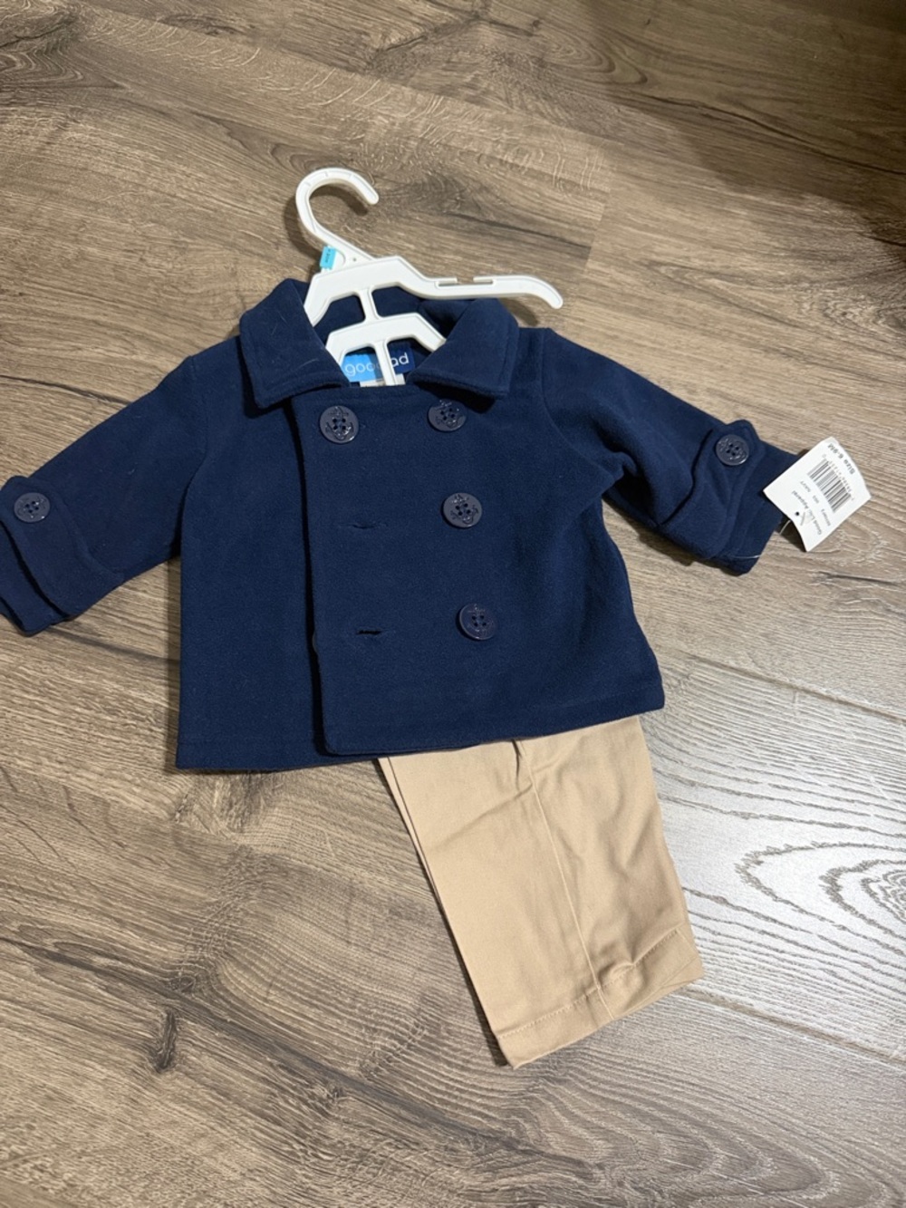 Baby boy Good Lad Navy Pea Coat with Tan Pants set 6-9 months